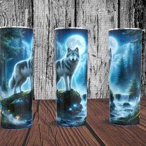 Wolf with Majestic Forest Background 20 oz Skinny Tumbler